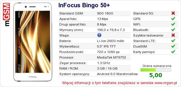 Dane telefonu InFocus Bingo 50+ Dane telefonu InFocus Bingo 50+
