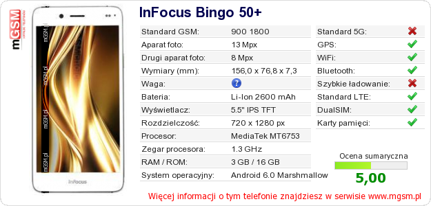 Dane telefonu InFocus Bingo 50+ Dane telefonu InFocus Bingo 50+
