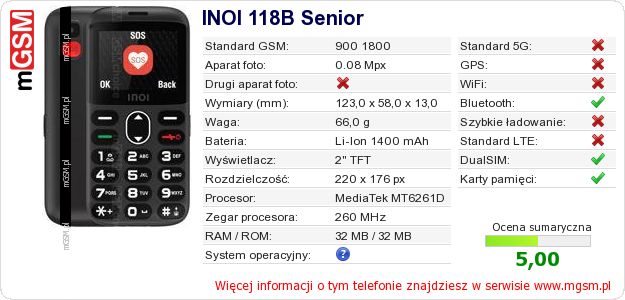 Dane telefonu INOI 118B Senior