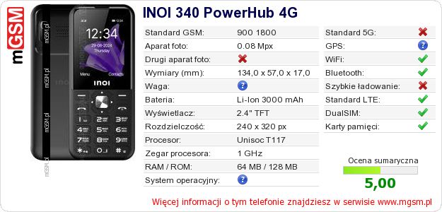 Dane telefonu INOI 340 PowerHub 4G Dane telefonu INOI 340 PowerHub 4G