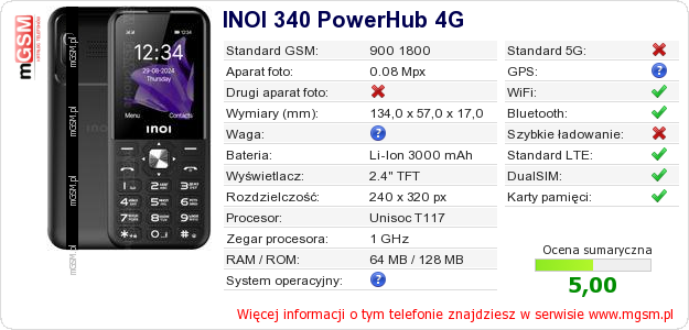 Dane telefonu INOI 340 PowerHub 4G