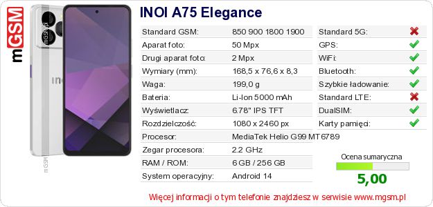 Dane telefonu INOI A75 Elegance Dane telefonu INOI A75 Elegance