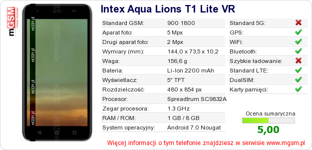 Dane telefonu Intex Aqua Lions T1 Lite VR
