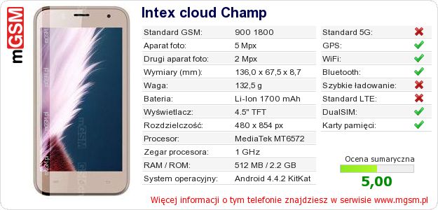 Dane telefonu Intex cloud Champ