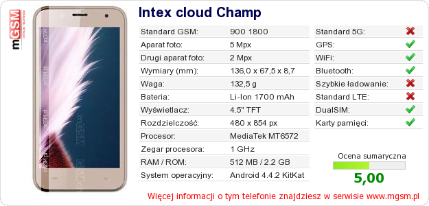 Dane telefonu Intex cloud Champ