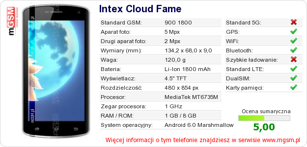 Dane telefonu Intex Cloud Fame