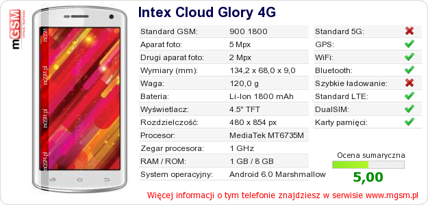 Dane telefonu Intex Cloud Glory 4G