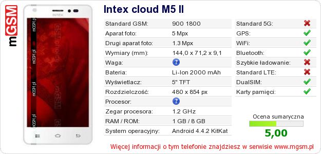 Dane telefonu Intex cloud M5 II