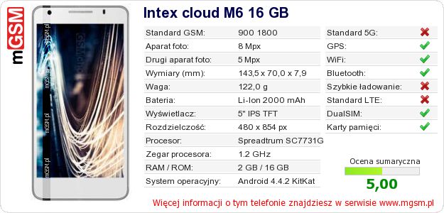 Dane telefonu Intex cloud M6 16 GB