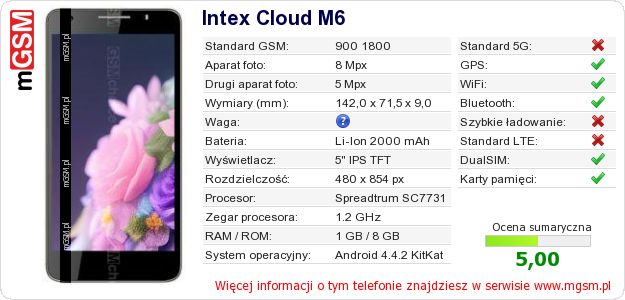 Dane telefonu Intex Cloud M6