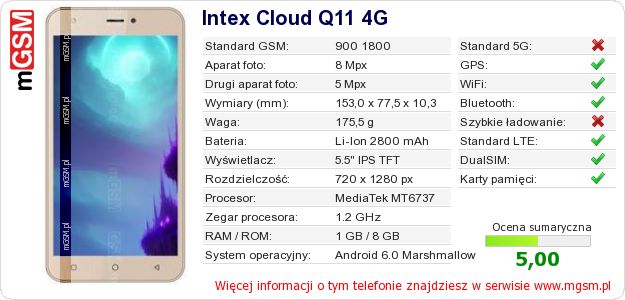Dane telefonu Intex Cloud Q11 4G Dane telefonu Intex Cloud Q11 4G
