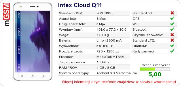 Dane telefonu Intex Cloud Q11