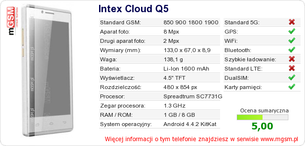 Dane telefonu Intex Cloud Q5