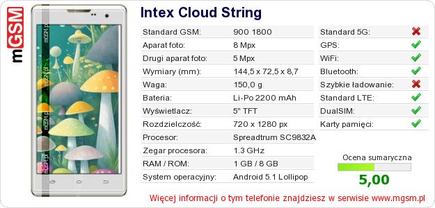 Dane telefonu Intex Cloud String Dane telefonu Intex Cloud String