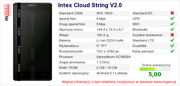 Dane telefonu Intex Cloud String V2.0