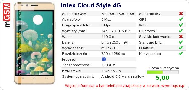 Dane telefonu Intex Cloud Style 4G Dane telefonu Intex Cloud Style 4G
