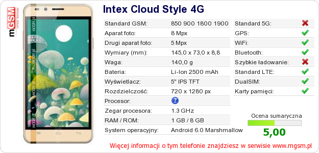 Dane telefonu Intex Cloud Style 4G