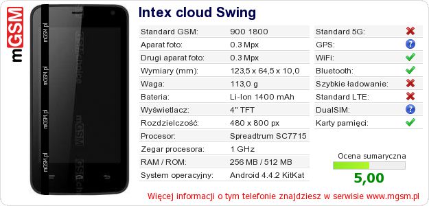 Dane telefonu Intex cloud Swing Dane telefonu Intex cloud Swing