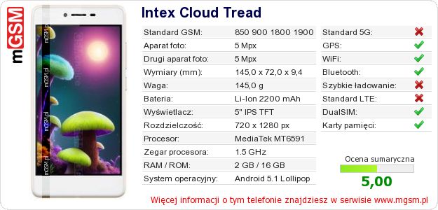 Dane telefonu Intex Cloud Tread Dane telefonu Intex Cloud Tread