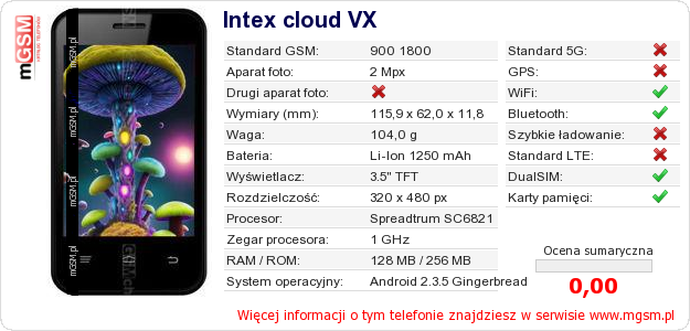Dane telefonu Intex cloud VX