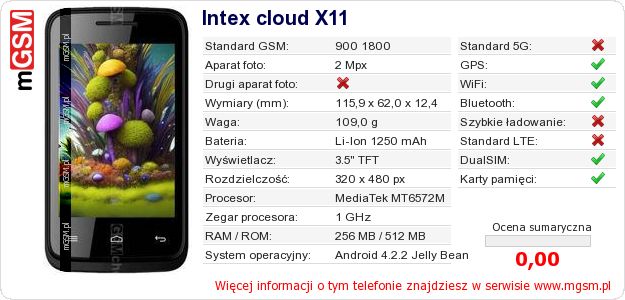 Dane telefonu Intex cloud X11 Dane telefonu Intex cloud X11