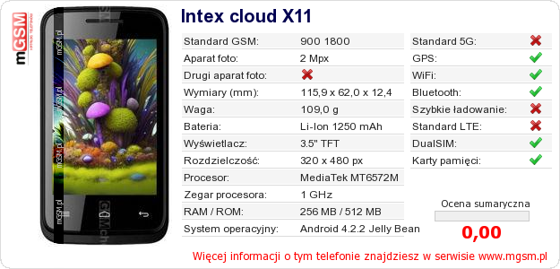 Dane telefonu Intex cloud X11 Dane telefonu Intex cloud X11