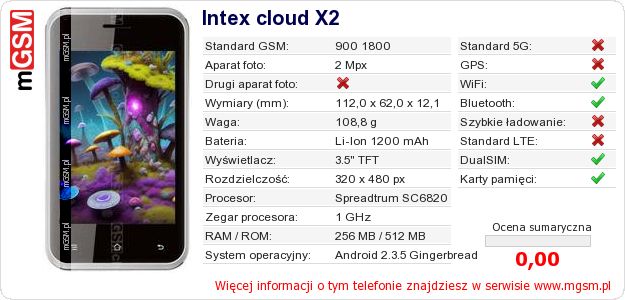 Dane telefonu Intex cloud X2