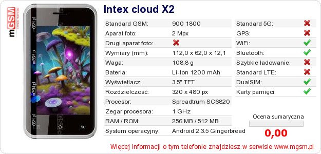 Dane telefonu Intex cloud X2