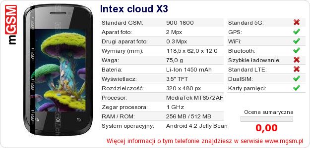 Dane telefonu Intex cloud X3