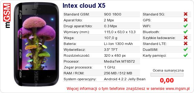 Dane telefonu Intex cloud X5 Dane telefonu Intex cloud X5
