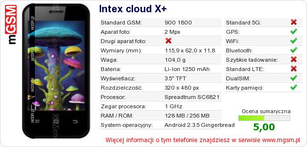 Dane telefonu Intex cloud X+