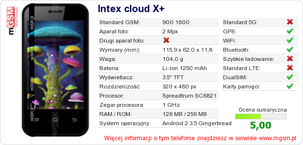Dane telefonu Intex cloud X+