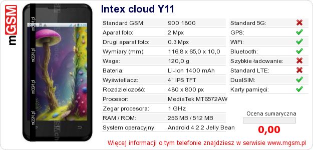 Dane telefonu Intex cloud Y11 Dane telefonu Intex cloud Y11