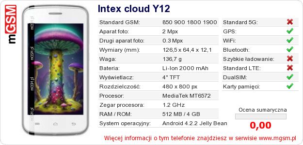 Dane telefonu Intex cloud Y12 Dane telefonu Intex cloud Y12