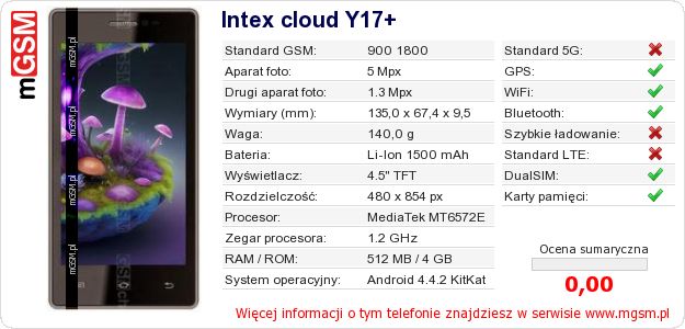 Dane telefonu Intex cloud Y17+ Dane telefonu Intex cloud Y17+