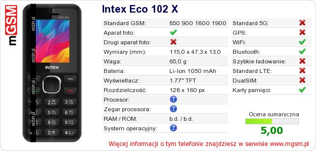 Dane telefonu Intex Eco 102 X