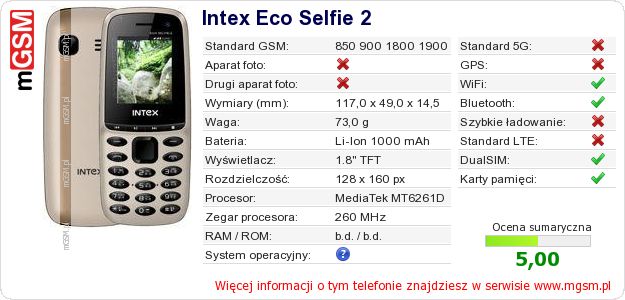 Dane telefonu Intex Eco Selfie 2 Dane telefonu Intex Eco Selfie 2