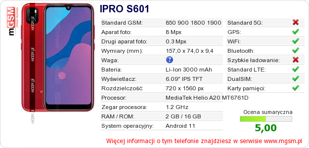 Dane telefonu IPRO S601