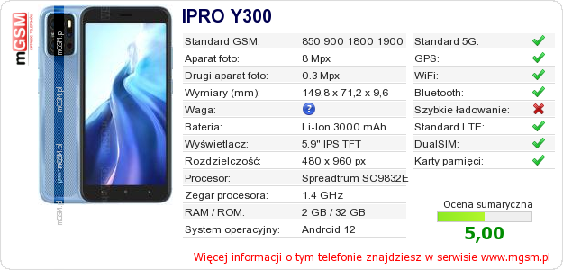 Dane telefonu IPRO Y300