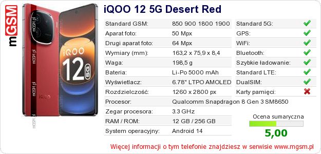 Dane telefonu iQOO 12 5G Desert Red