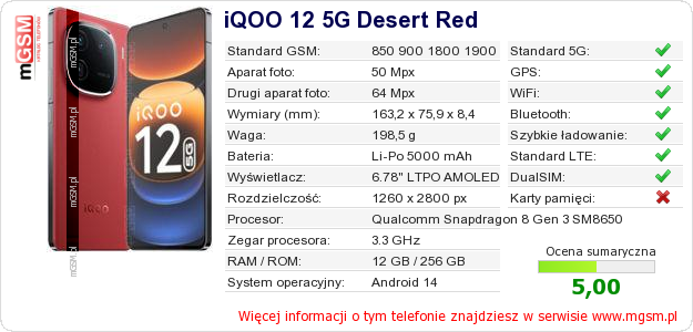 Dane telefonu iQOO 12 5G Desert Red