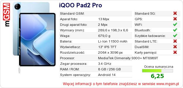 Dane telefonu iQOO Pad2 Pro Dane telefonu iQOO Pad2 Pro