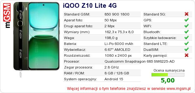Dane telefonu iQOO Z10 Lite 4G
