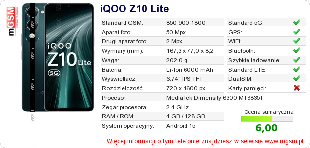 Dane telefonu iQOO Z10 Lite Dane telefonu iQOO Z10 Lite