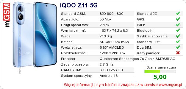 Dane telefonu iQOO Z11 5G Dane telefonu iQOO Z11 5G