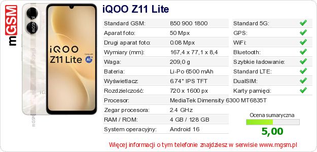 Dane telefonu iQOO Z11 Lite Dane telefonu iQOO Z11 Lite