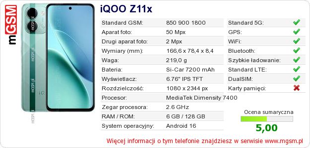 Dane telefonu iQOO Z11x Dane telefonu iQOO Z11x