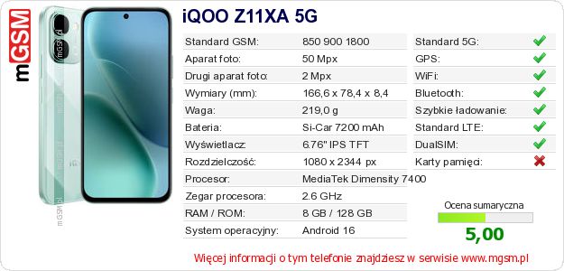 Dane telefonu iQOO Z11XA 5G Dane telefonu iQOO Z11XA 5G