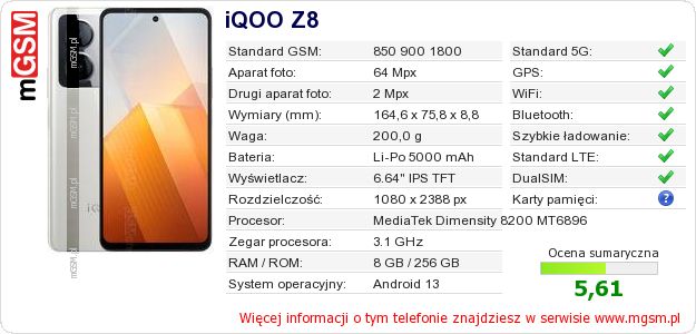 Dane telefonu iQOO Z8 Dane telefonu iQOO Z8