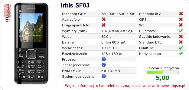 Dane telefonu Irbis SF03